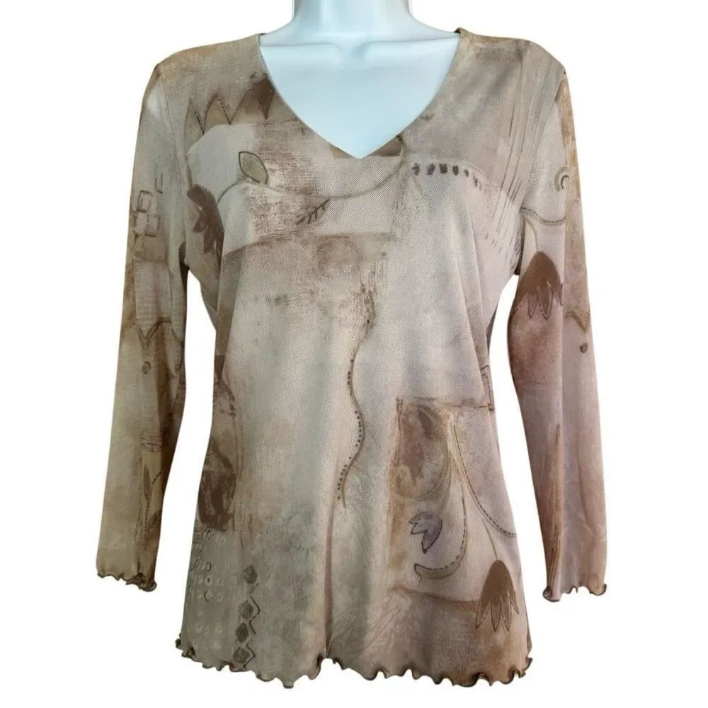 Vintage Y2K Therapy Mesh Abstract Earthy Floral V-Neck Blouse L